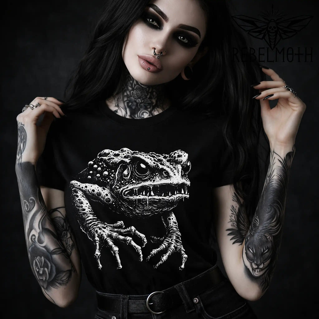 Black horror frog T-shirt with grotesque white creature graphic by RebelMoth