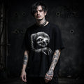 Creepy sloth graphic tee with distressed white artwork on black t-shirt