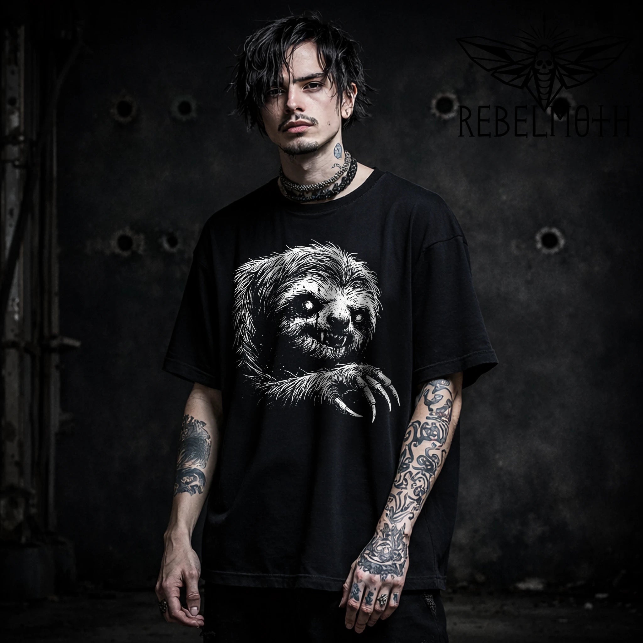 Creepy sloth graphic tee with distressed white artwork on black t-shirt