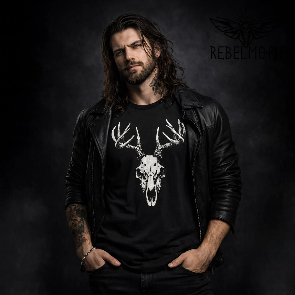 Black t-shirt with gothic deer skull and stag antlers graphic (dark nature horror design)