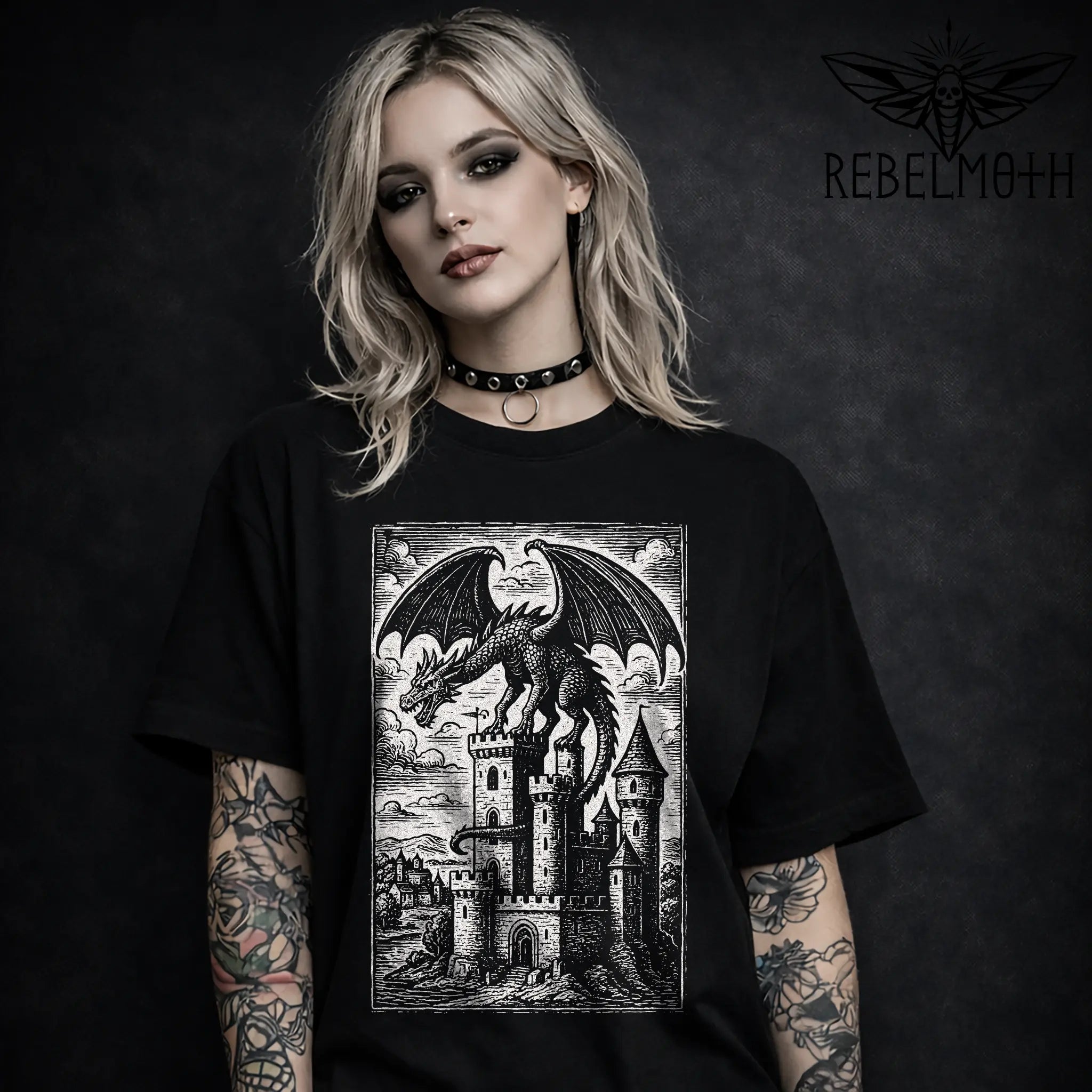 Model wearing dragon castle gothic t-shirt, front view