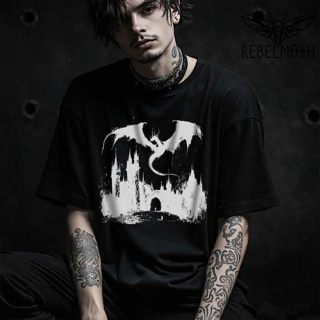 Model wearing a Black t-shirt with medieval dragon coiled around a castle dark fantasy graphic (goth/metal style)