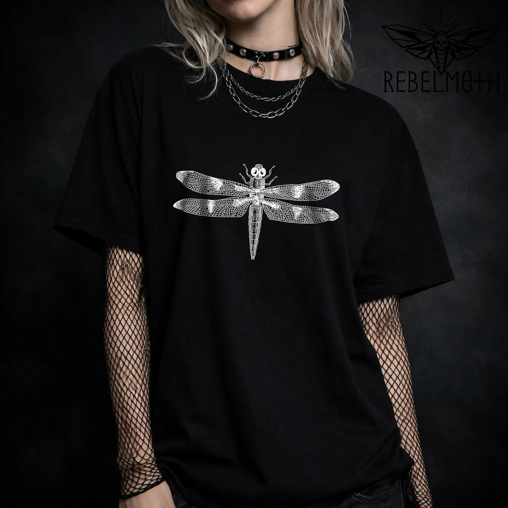 Black goth dragonfly T-shirt with white vintage insect graphic and skull detail by RebelMoth