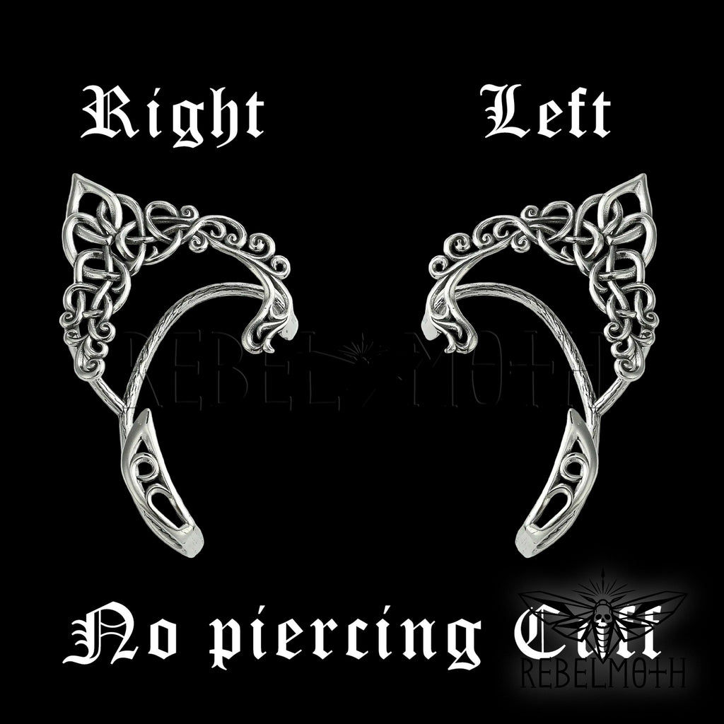 Dark elf ear cuff set in stainless steel with no-piercing Celtic ear wrap design