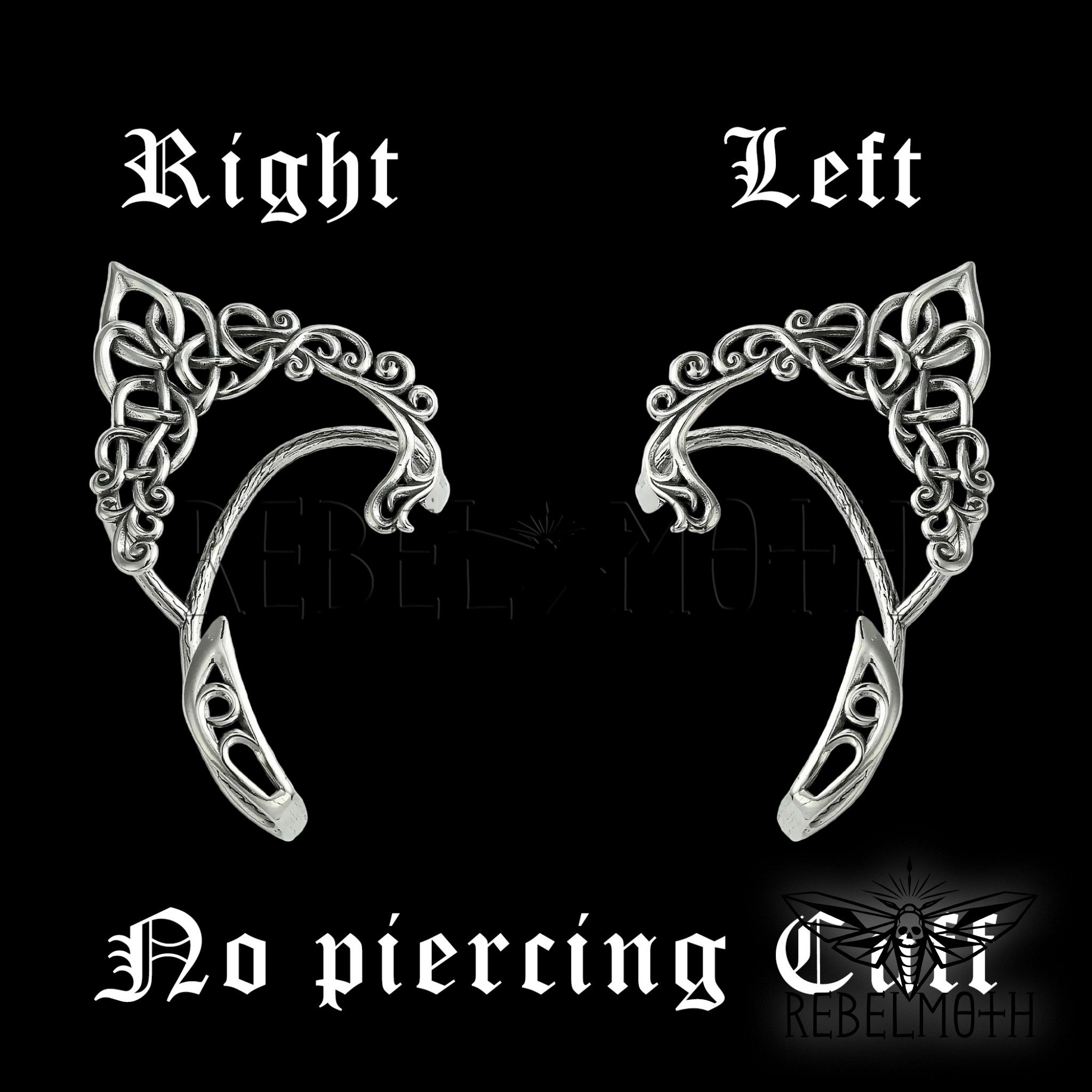 Dark elf ear cuff set in stainless steel with no-piercing Celtic ear wrap design