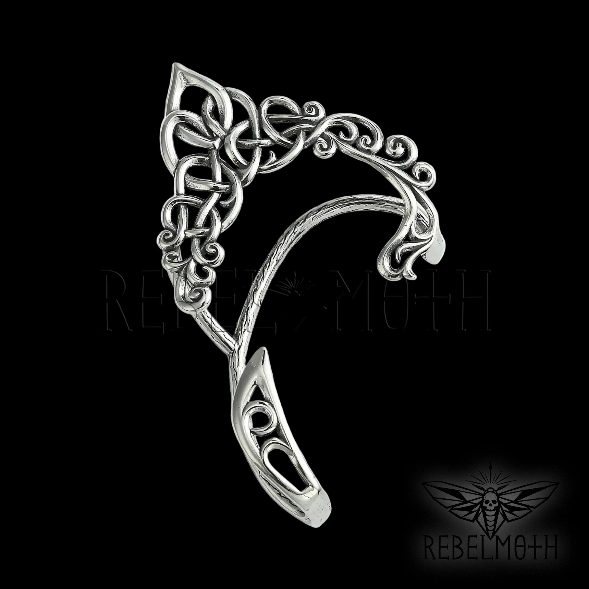 Dark elf ear cuff in stainless steel with Celtic detail and no-piercing ear wrap design