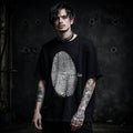 Black t-shirt with trippy fingerprint graphic and “Uncopyable” text (alt grunge graphic tee)