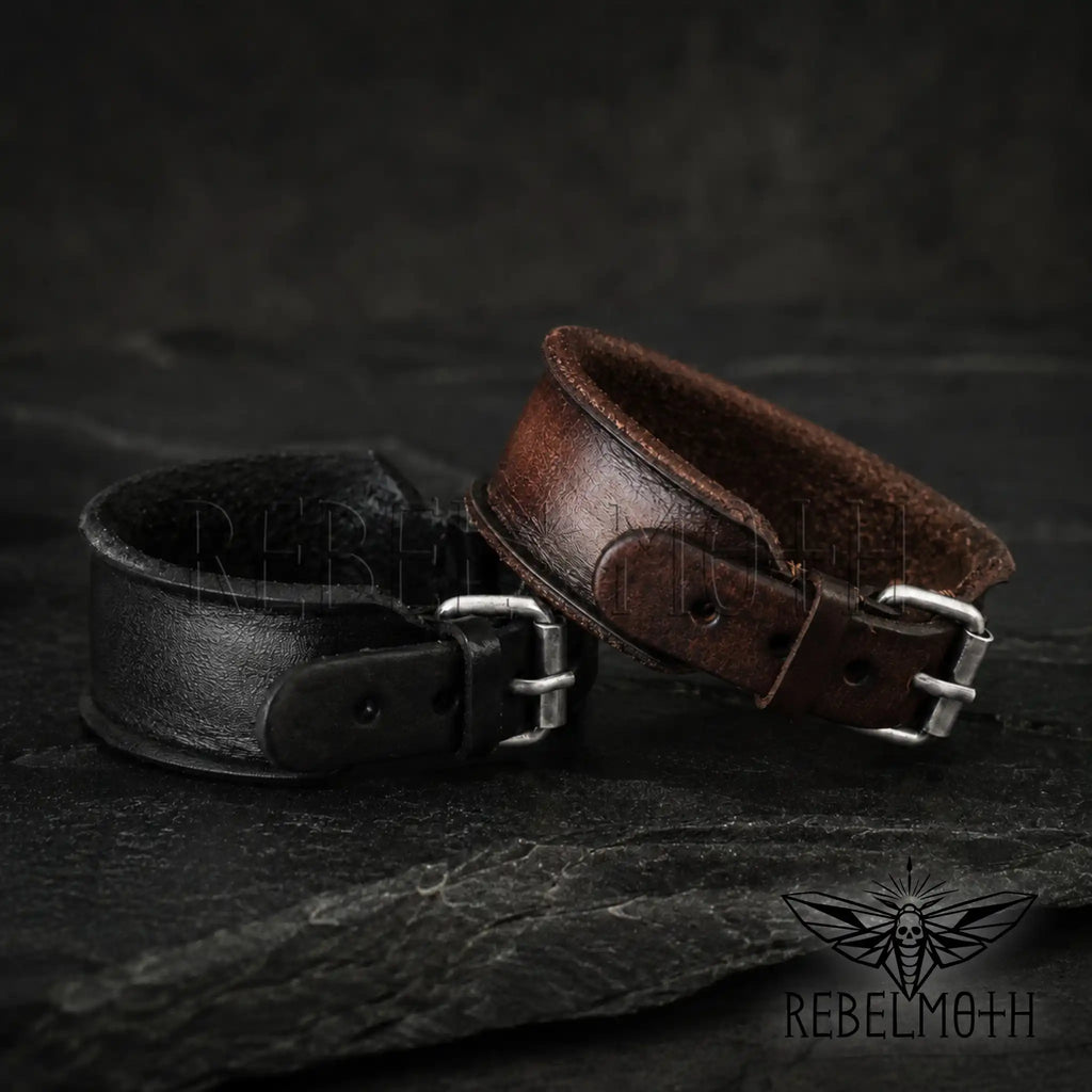 Wide genuine leather bracelet for biker style