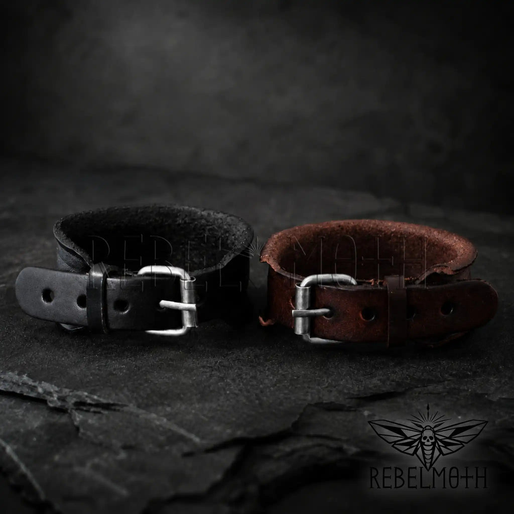 Rock style leather wristband with silver-tone buckle