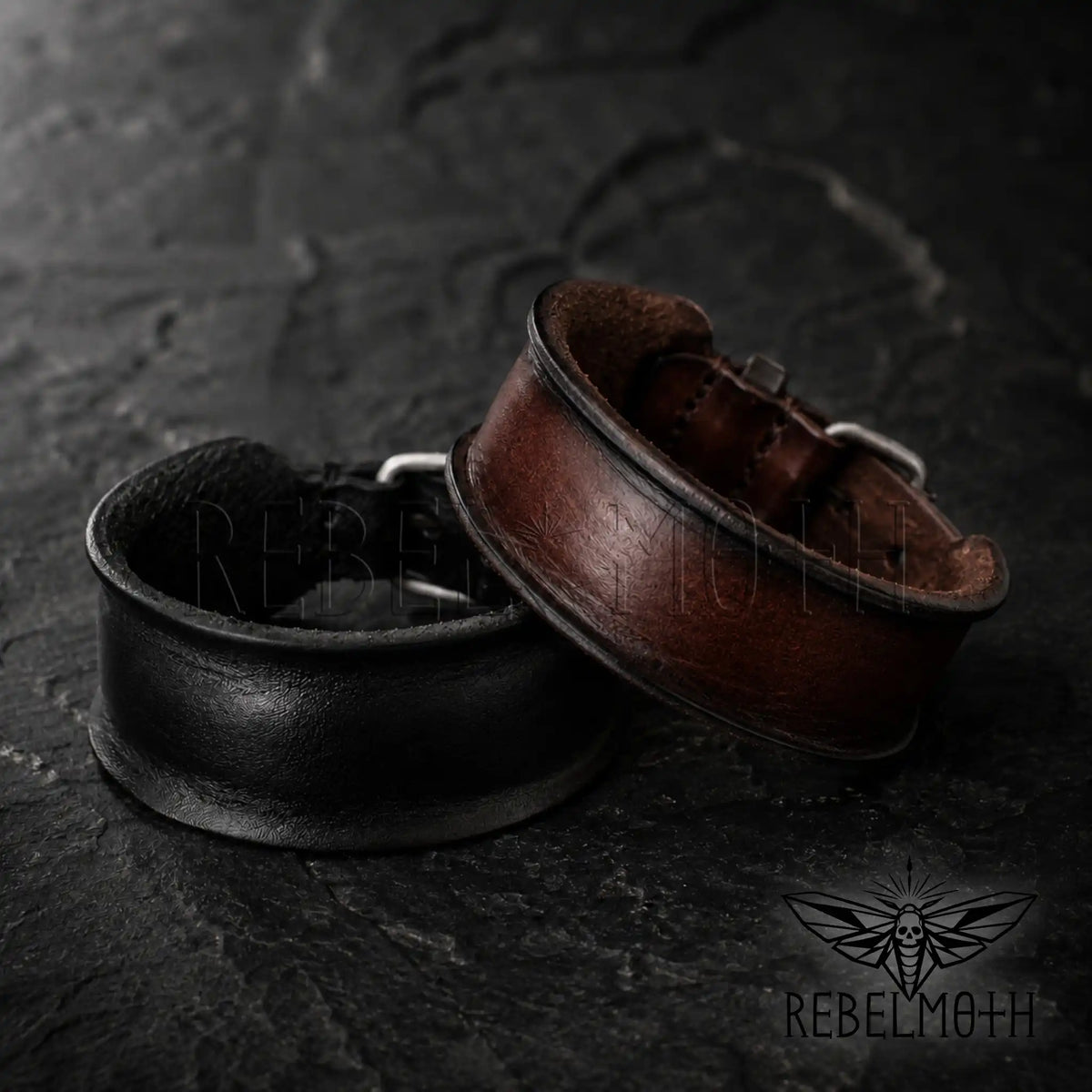 Black and dark brown genuine leather cuff bracelets