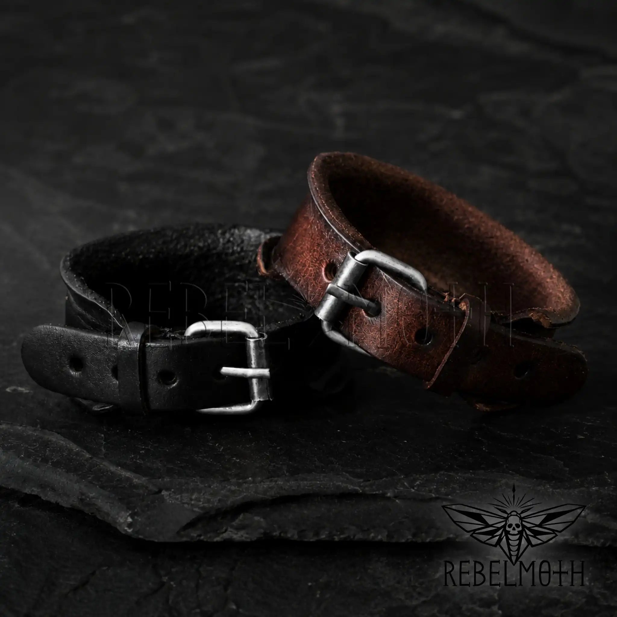 Rock style leather wristband with silver-tone buckle