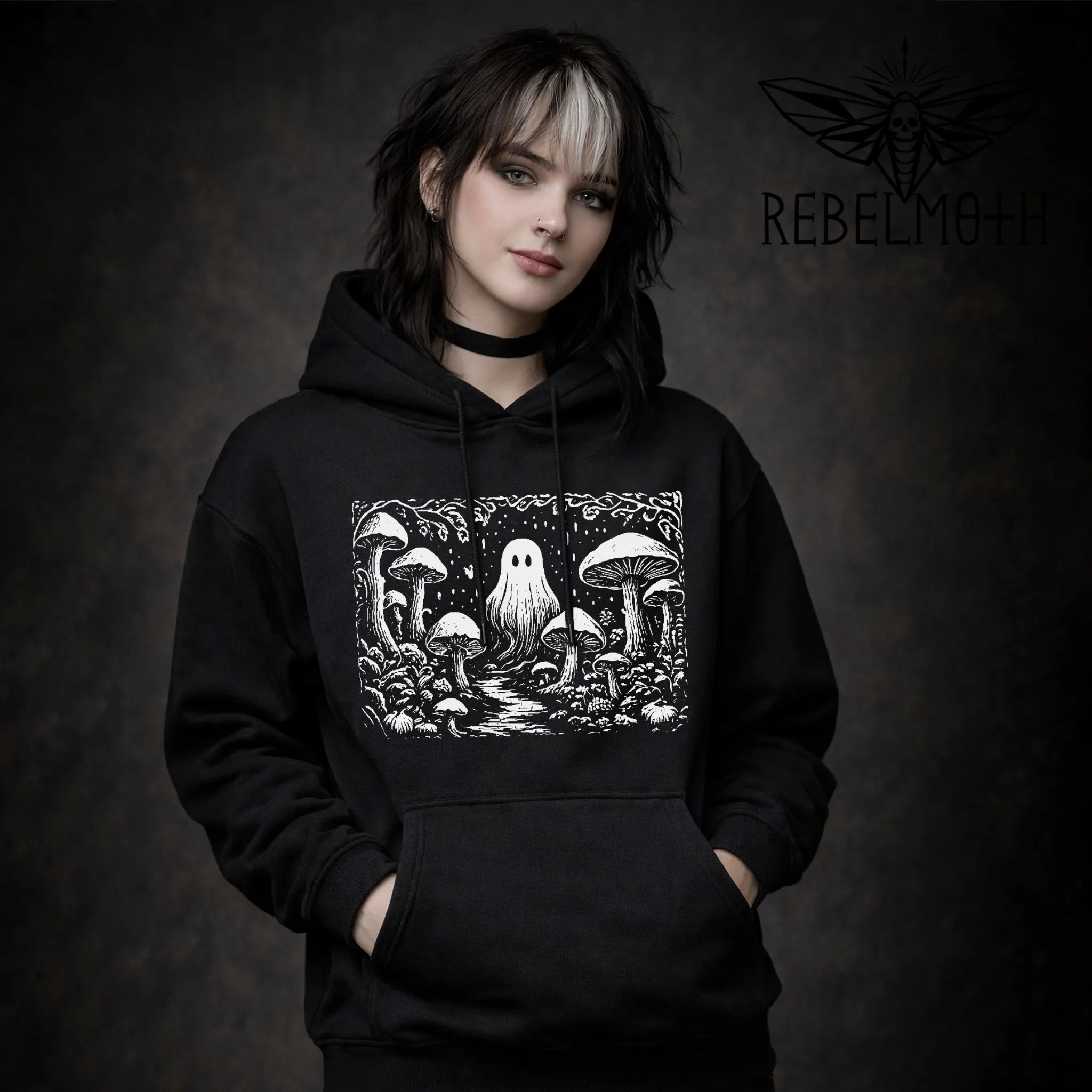 Goth Woman wearing ghost in mushroom forest weirdcore linocut hoodie