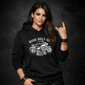 Woman wearing Black hoodie with “Good Girls Sit, Bad Bitches RIDE” motorcycle biker graphic