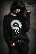 Black crewneck sweatshirt with weird demon creature graphic in white (goth monster sweatshirt)
