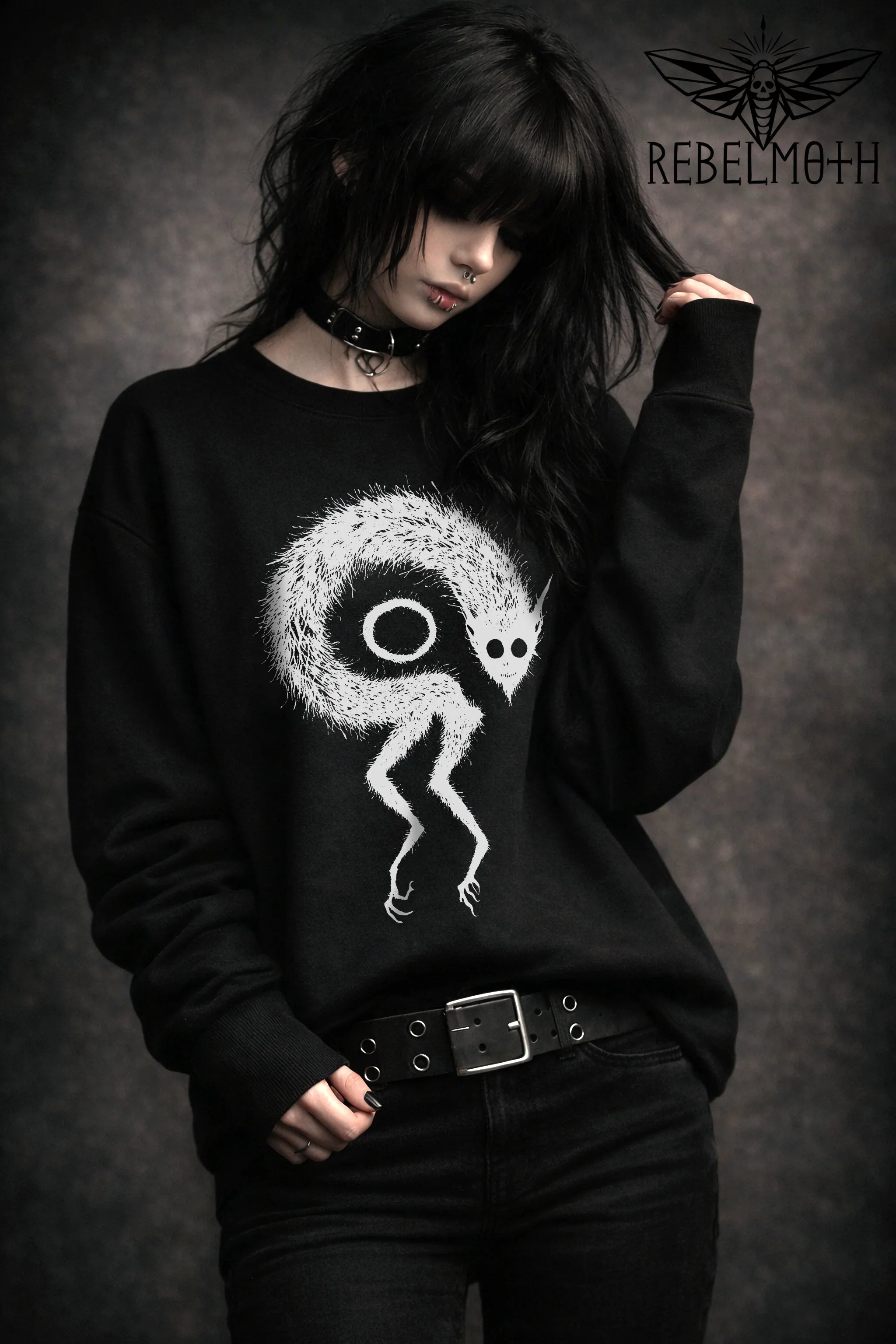 Black crewneck sweatshirt with weird demon creature graphic in white (goth monster sweatshirt)
