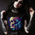 Black dark floral skull T-shirt with blue leaves and goth graphic by RebelMoth