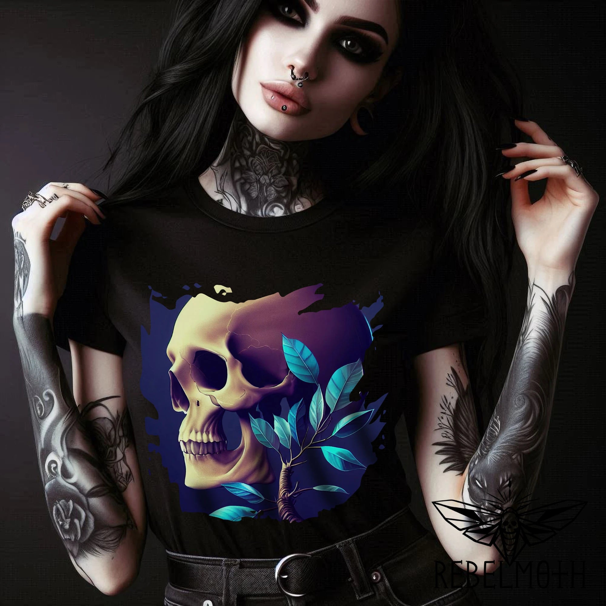 Black dark floral skull T-shirt with blue leaves and goth graphic by RebelMoth