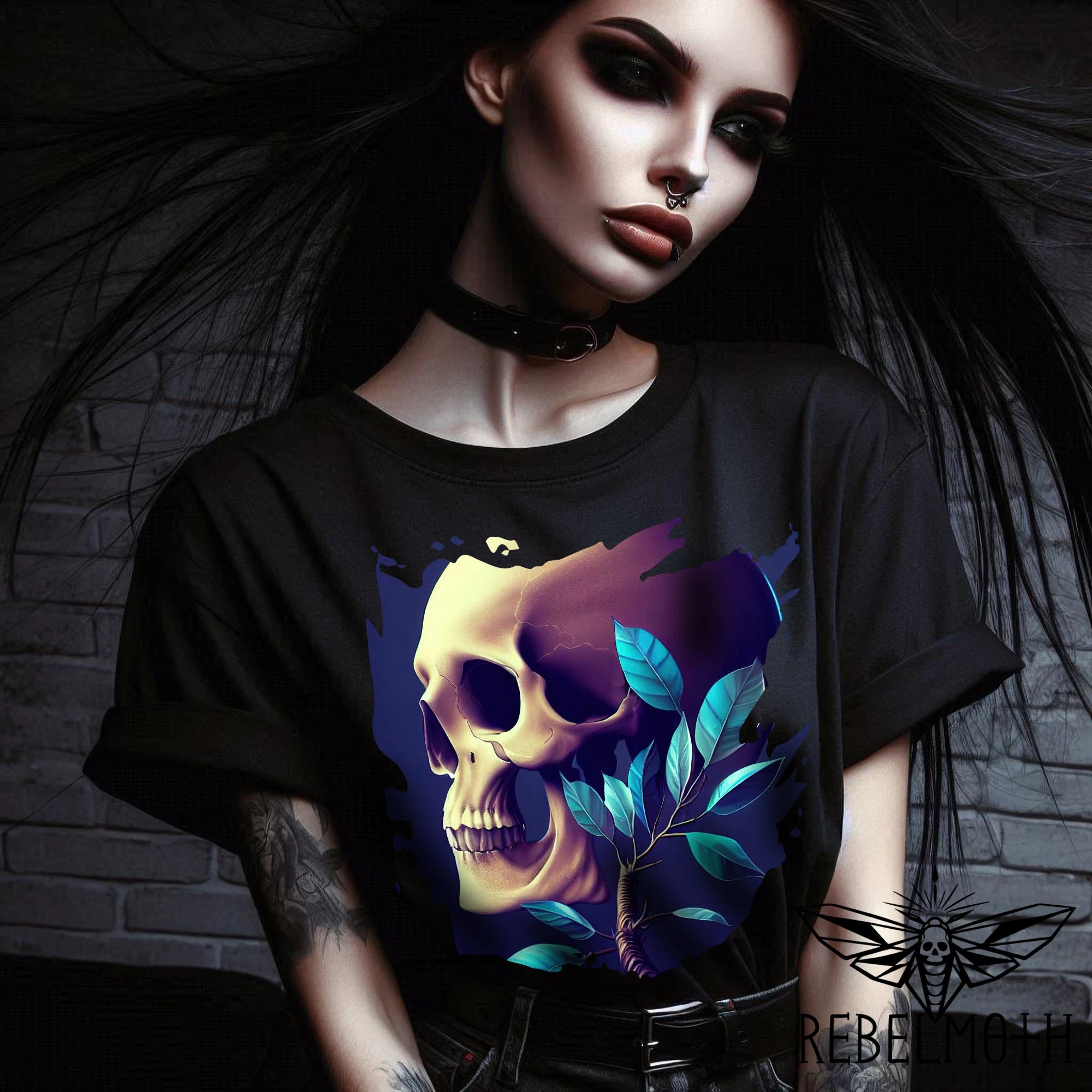 Black dark floral skull T-shirt with blue leaves and goth graphic by RebelMoth