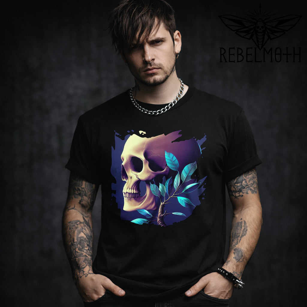 Black dark floral skull T-shirt with blue leaves and goth graphic by RebelMoth
