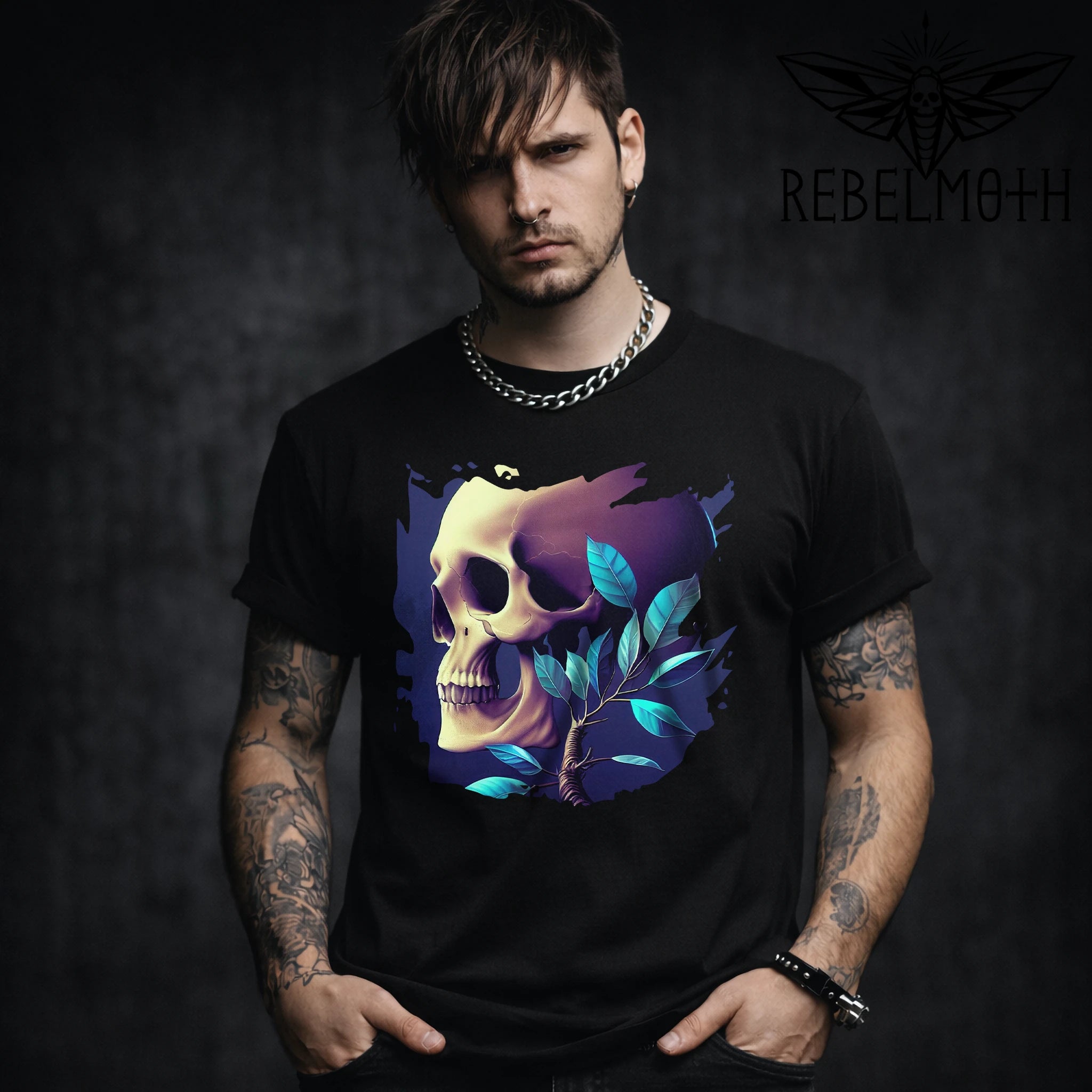 Black dark floral skull T-shirt with blue leaves and goth graphic by RebelMoth