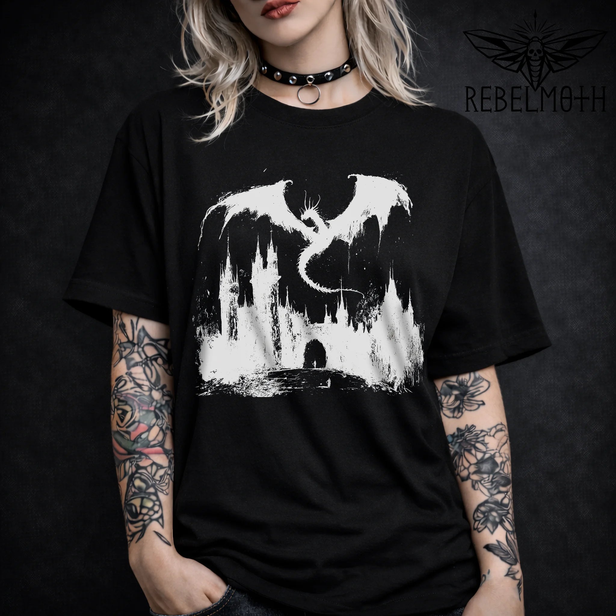 Black t-shirt with medieval dragon coiled around a castle dark fantasy graphic (goth/metal style)