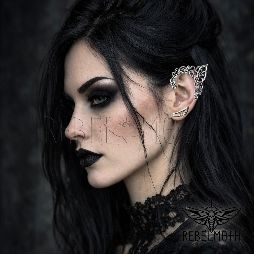 Dark elf ear cuff in 316L stainless steel. No-piercing statement ear wrap for goth, fantasy, alt, festival and cosplay looks.