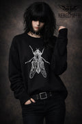 Woman wearing Black crewneck sweatshirt with vintage house fly insect illustration graphic in white line art (bug graphic)