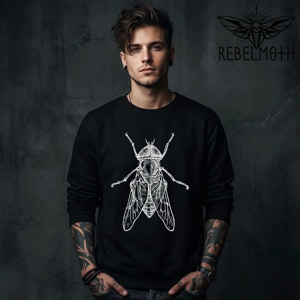 Man wearing Black crewneck sweatshirt with vintage house fly insect illustration graphic in white line art (bug graphic)