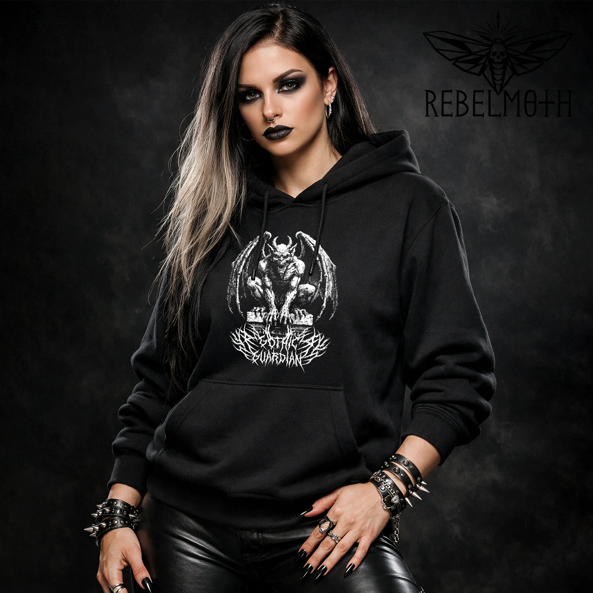 Woman wearing gargoyle hoodie with gothic guardian dark medieval graphic, front view