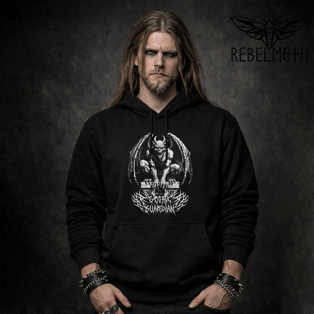 Man wearing gargoyle hoodie with gothic guardian dark medieval graphic, front view