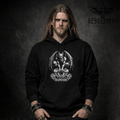 Man wearing gargoyle hoodie with gothic guardian dark medieval graphic, front view