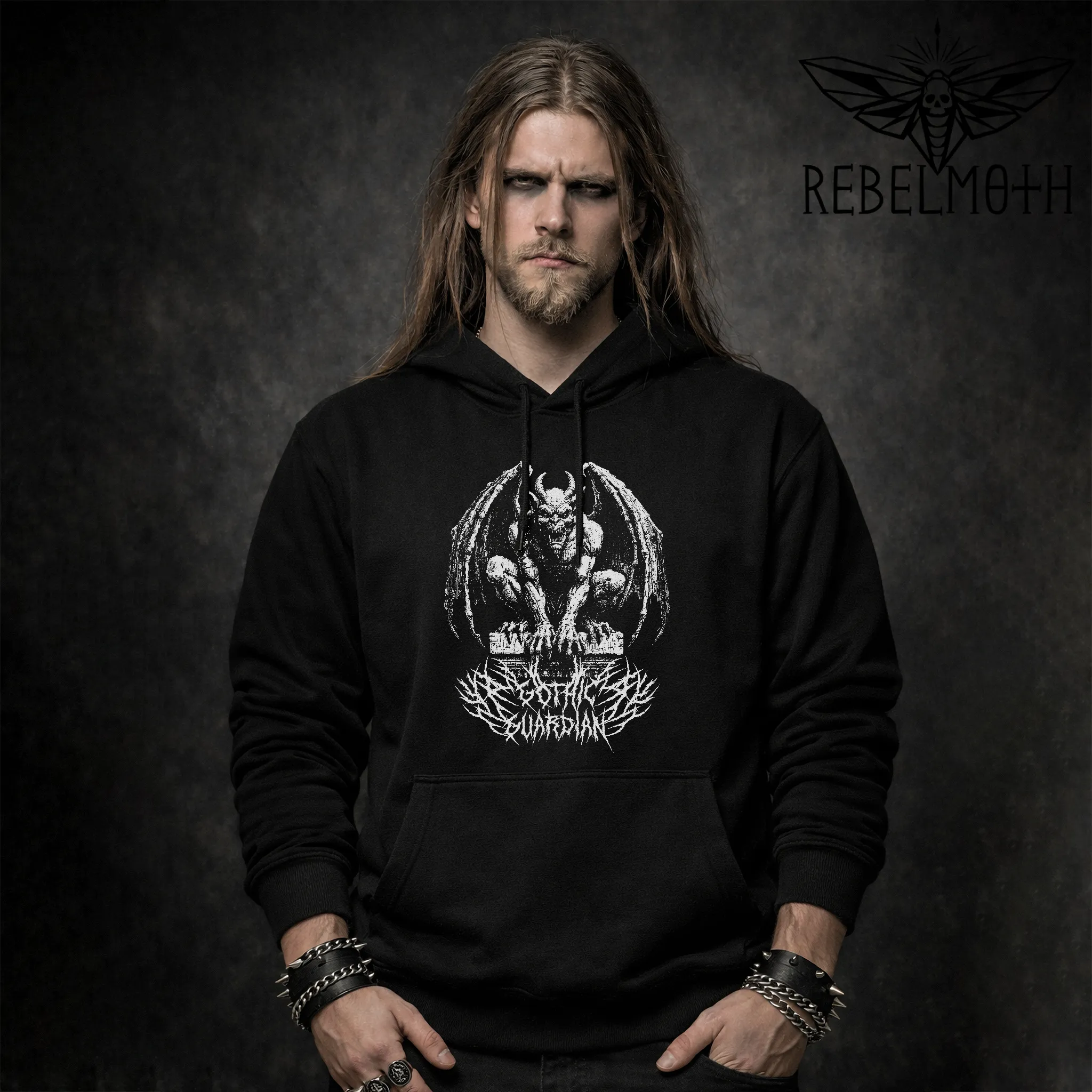 Man wearing gargoyle hoodie with gothic guardian dark medieval graphic, front view