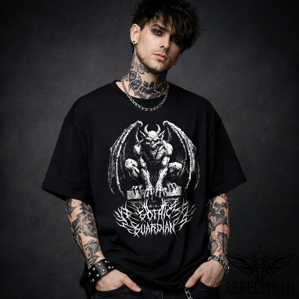 Gargoyle t-shirt with “Gothic Guardian” black-metal typography and dark fantasy medieval vibe. High-contrast goth/alt streetwear graphic tee.