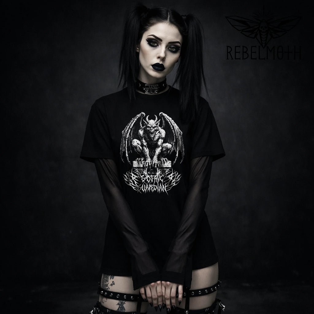 Gargoyle t-shirt with “Gothic Guardian” black-metal typography and dark fantasy medieval vibe. High-contrast goth/alt streetwear graphic tee.