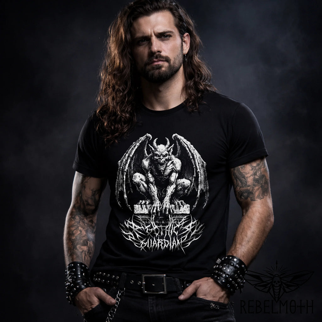 Gargoyle t-shirt with “Gothic Guardian” black-metal goth/alt streetwear graphic tee.