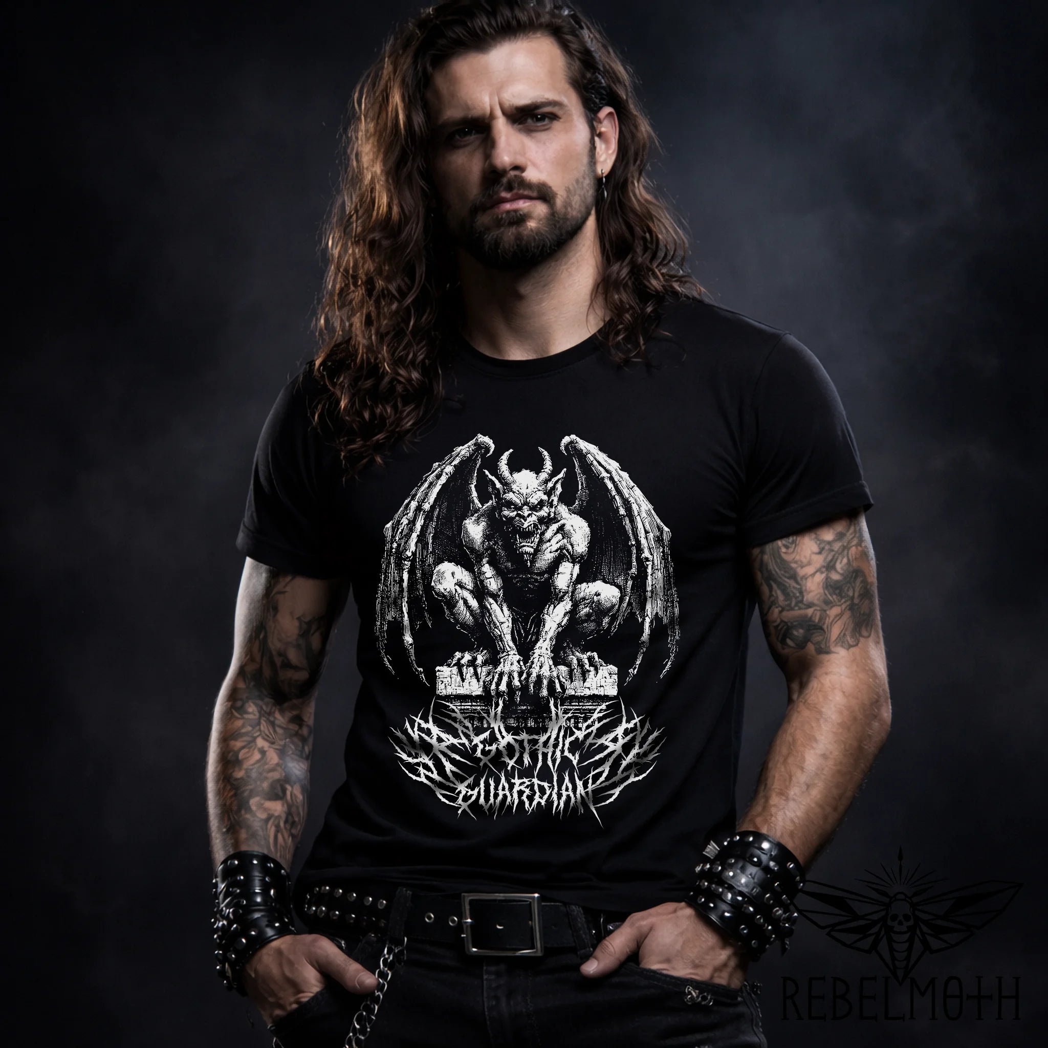 Gargoyle t-shirt with “Gothic Guardian” black-metal goth/alt streetwear graphic tee.