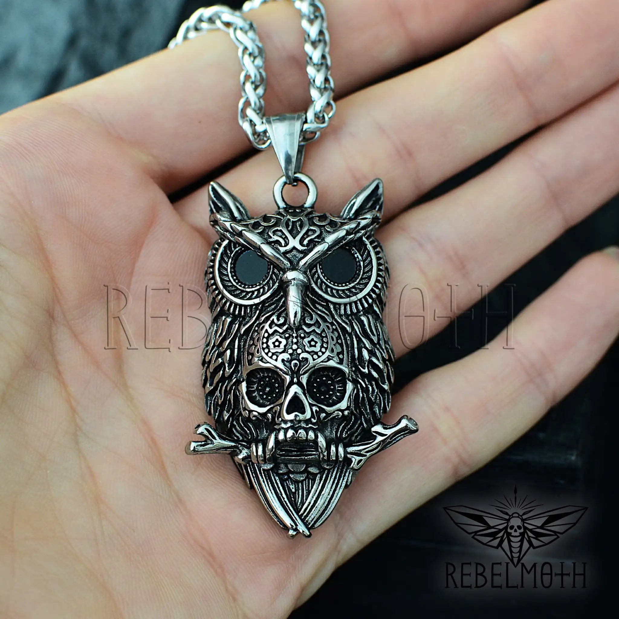 Gothic Owl Skull Necklace – Stainless Steel Memento Mori Pendant