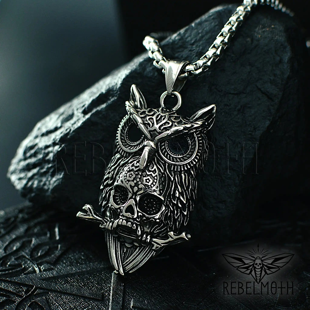 Stainless steel gothic owl pendant with skull detail