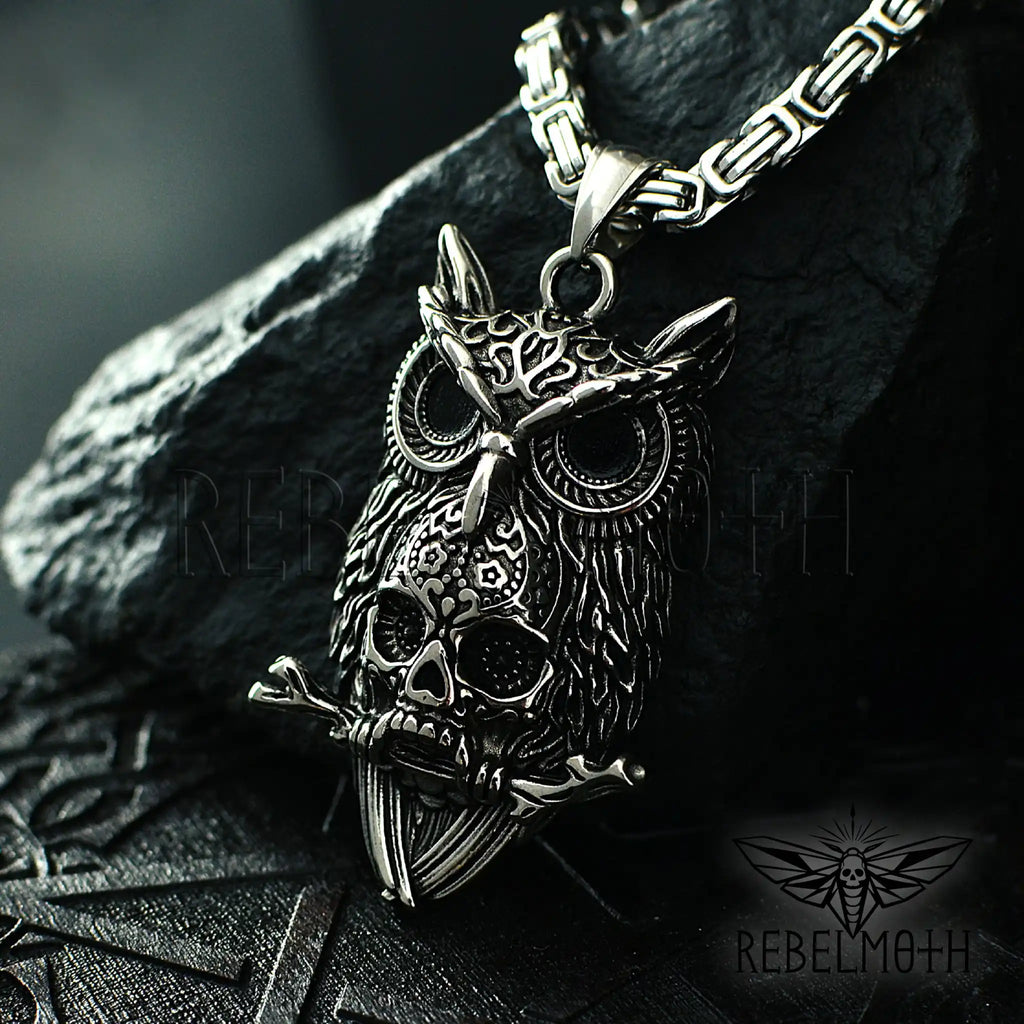 Occult owl necklace with gothic skull symbol and black eyes, made of stainless steel