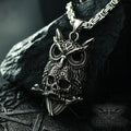 Occult owl necklace with gothic skull symbol and black eyes, made of stainless steel