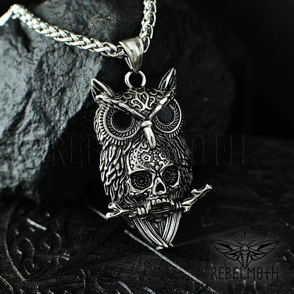 Gothic memento mori pendant with owl and skull design