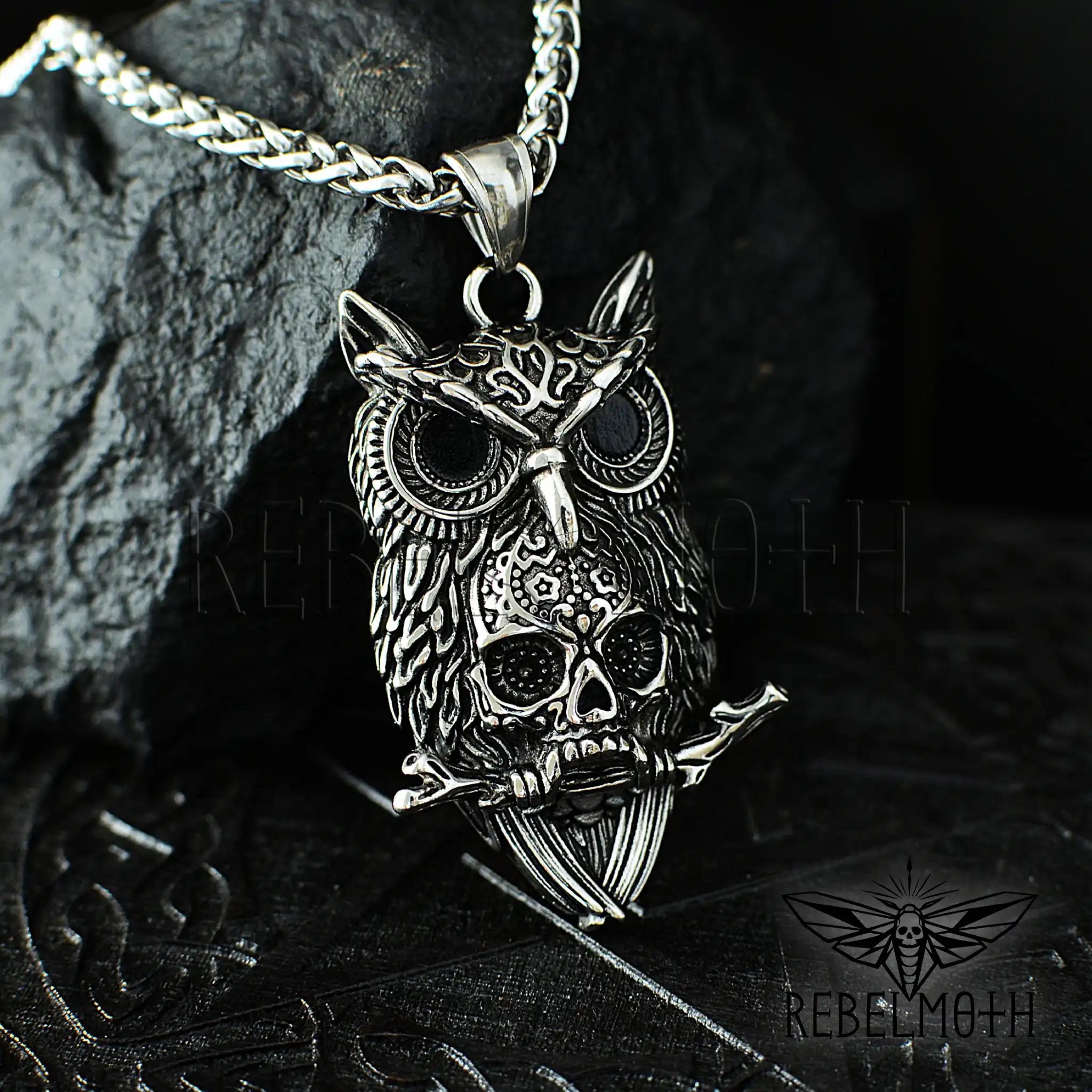 Gothic memento mori pendant with owl and skull design