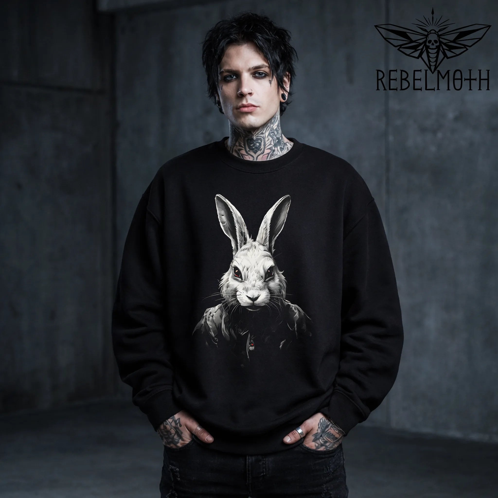Weird Goth Sweatshirt – Horror Bunny Graphic Crewneck, Dark Aesthetic