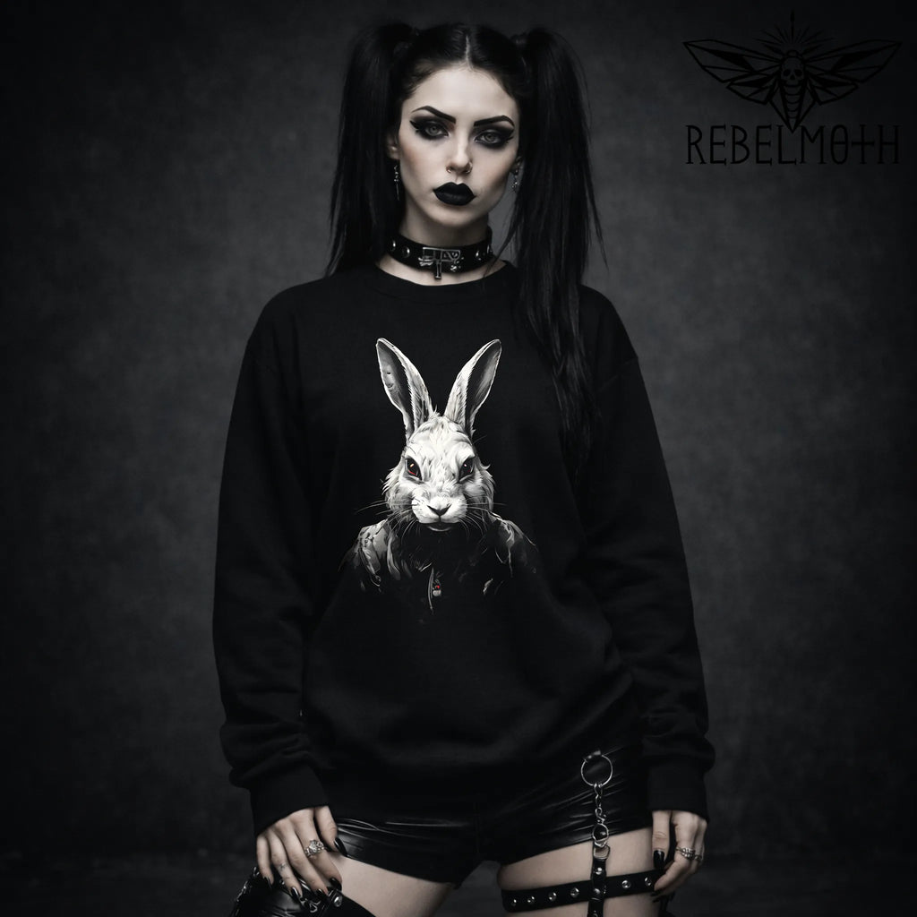 Gothic Rabbit Sweatshirt – Creepy Horror Bunny Crewneck, Dark Alt Streetwear
