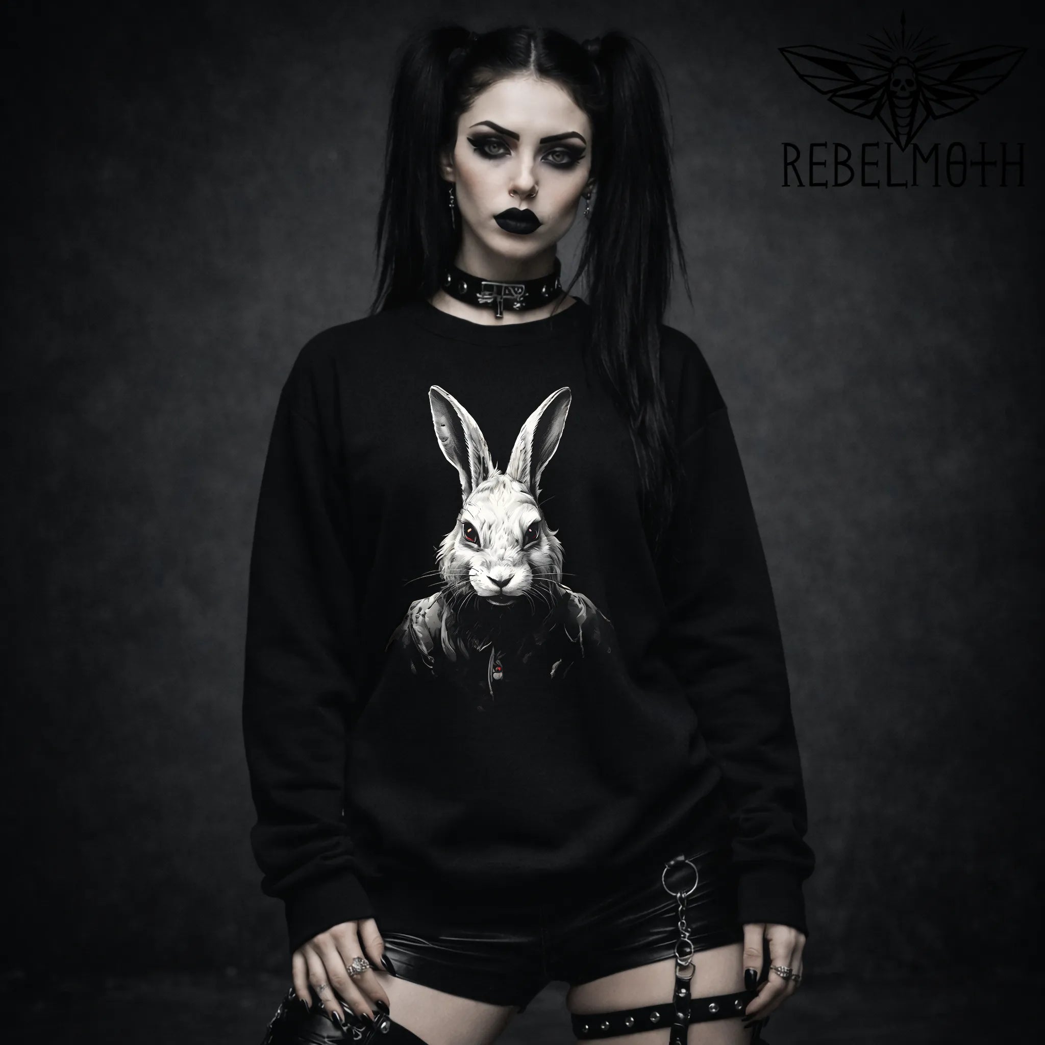Gothic Rabbit Sweatshirt – Creepy Horror Bunny Crewneck, Dark Alt Streetwear