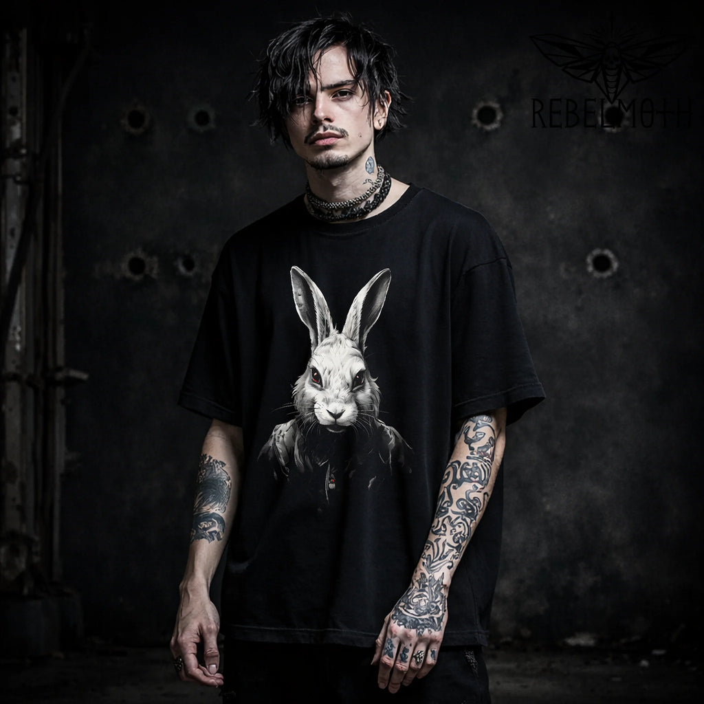 Model wearing black gothic rabbit horror bunny t-shirt, front view