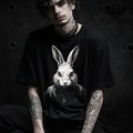 Model wearing black gothic rabbit horror bunny t-shirt, front view