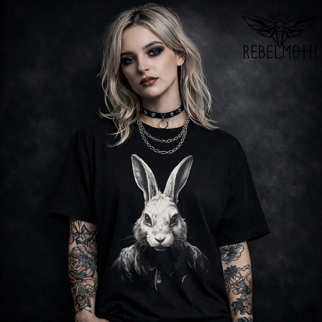 Black t-shirt with gothic rabbit horror bunny graphic, dark aesthetic alt streetwear
