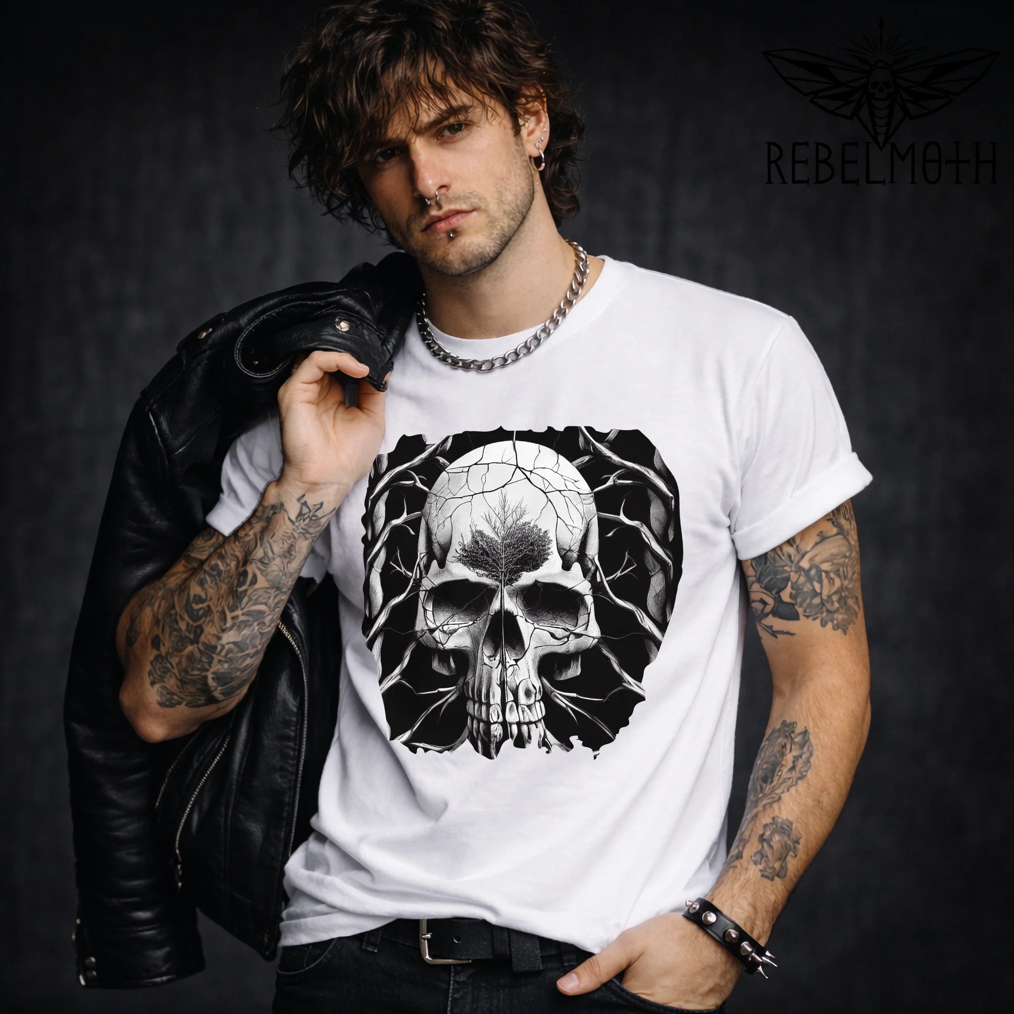 White biker t-shirt with cracked skull and tree tattoo graphic in high contrast