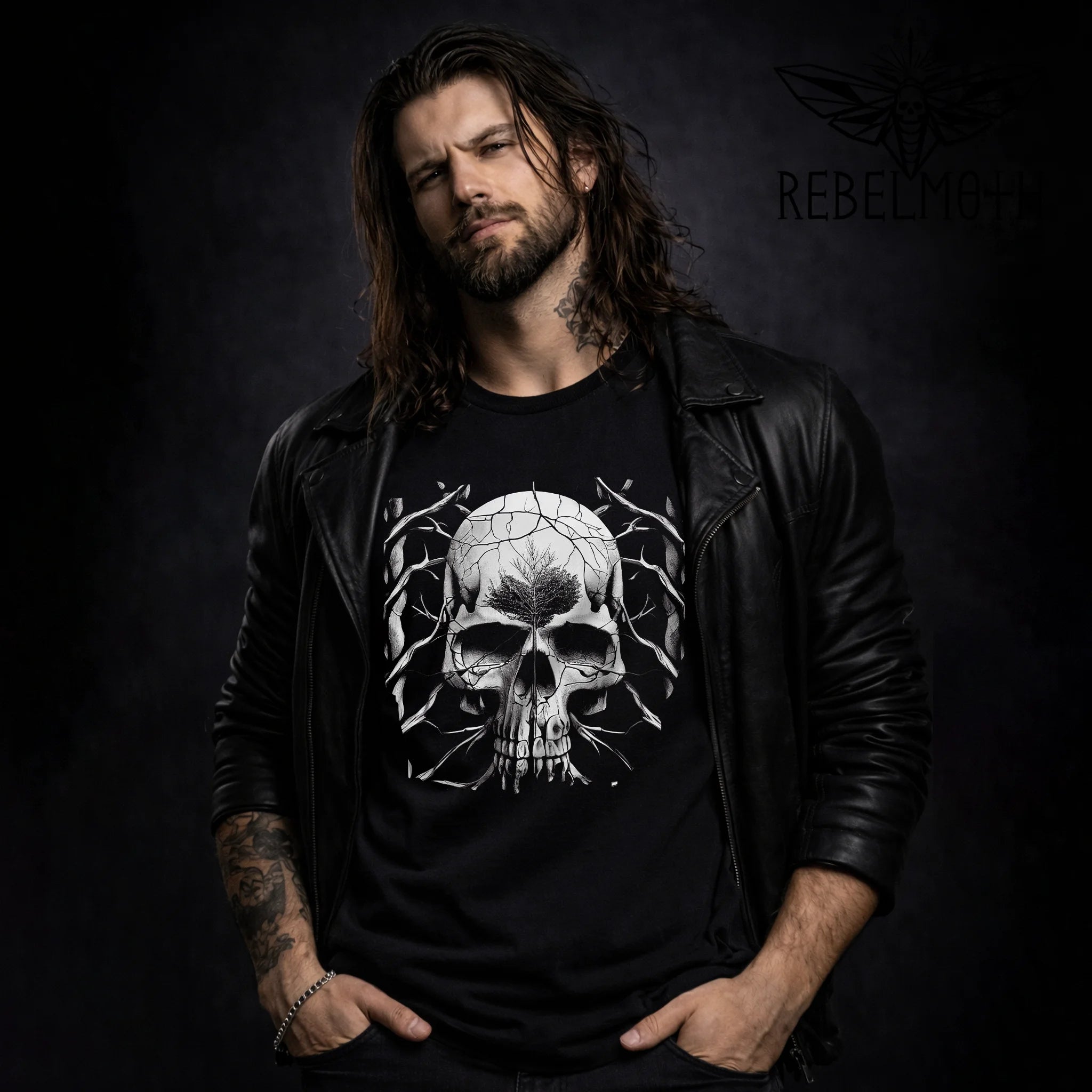 Black biker t-shirt with cracked skull and tree tattoo graphic in high contrast